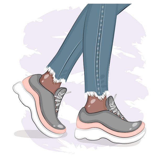 Vrouwelijke benen in sneakers en jeans schets mode illustratie kleding en schoenen textiel print briefkaart verpakking vectorillustratie