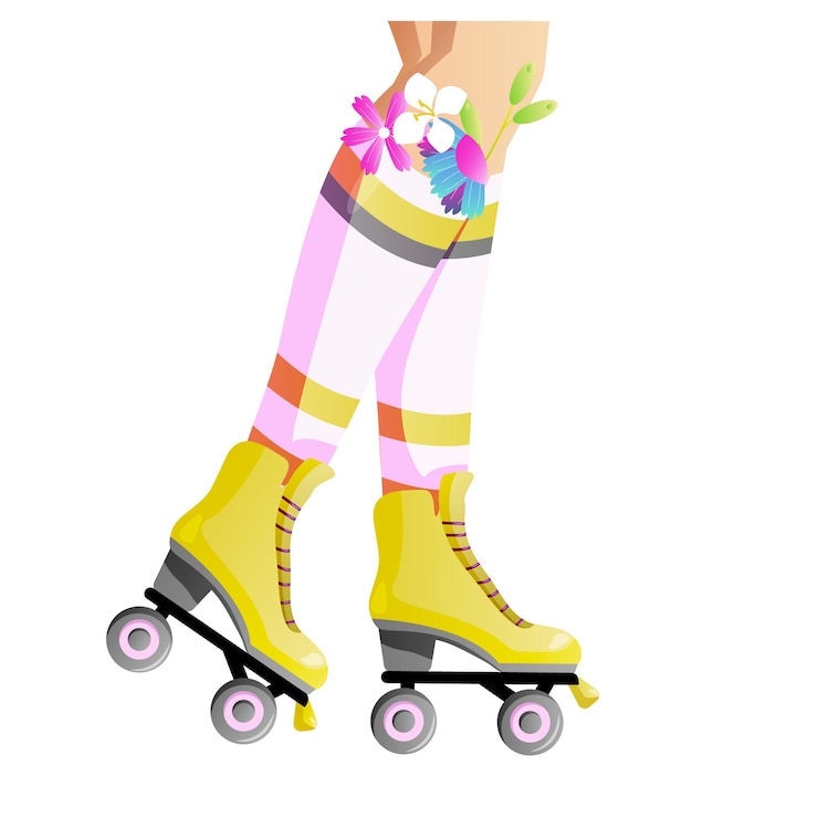 Vector vrouwelijke benen met retro rollers en bloemen in sokken cartoon vector illustratie geïsoleerd op wit