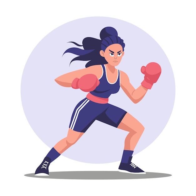 Vrouwelijke bokser in actie Jonge vrouw met bokshandschoenen Sportillustratie