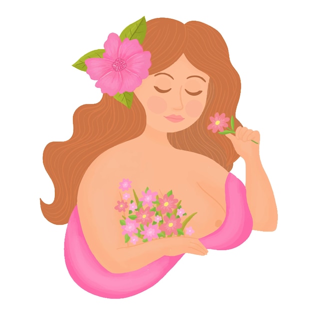 Vrouwelijke borsten bedekt met bloemen. Reclame voor medische zoogdieren