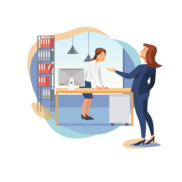 Vrouwelijke boss scolding office worker flat vector