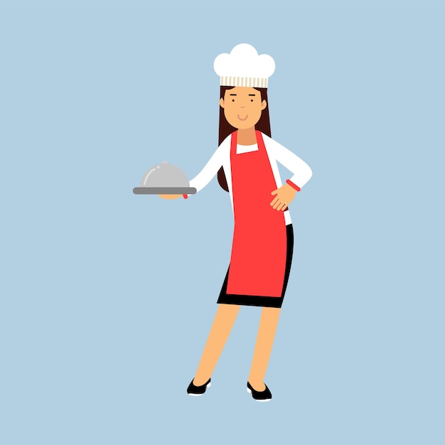 Vrouwelijke chef-kok kok karakter in rode schort houden schotel cloche vector illustratie op een lichtblauwe background