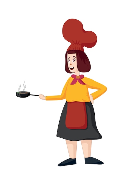 Vrouwelijke chef-kok vector vrouwenkok in schort die zich met panillustratie bevinden