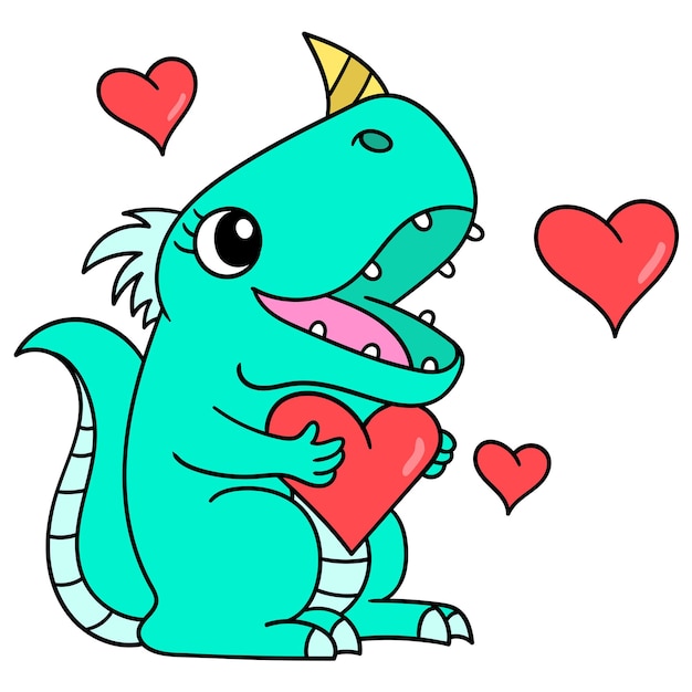 Vrouwelijke dinosaurus is verliefd tijdens valentijnsmoment, doodle draw kawaii. illustratie kunst