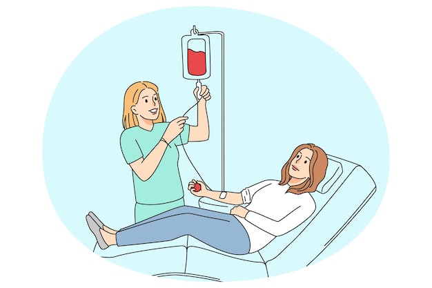 Vector vrouwelijke donor doneert bloed in de kliniek