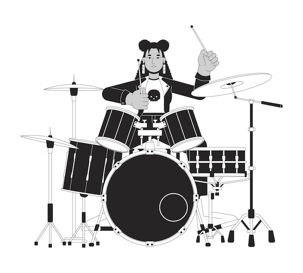 Vector vrouwelijke drummer rocker zwart-wit cartoon platte illustratie latijns-amerikaanse jonge volwassen vrouw in punk rock kleding 2d lineart karakter geïsoleerd rocker rockstar monochrome scène vector omtrek beeld