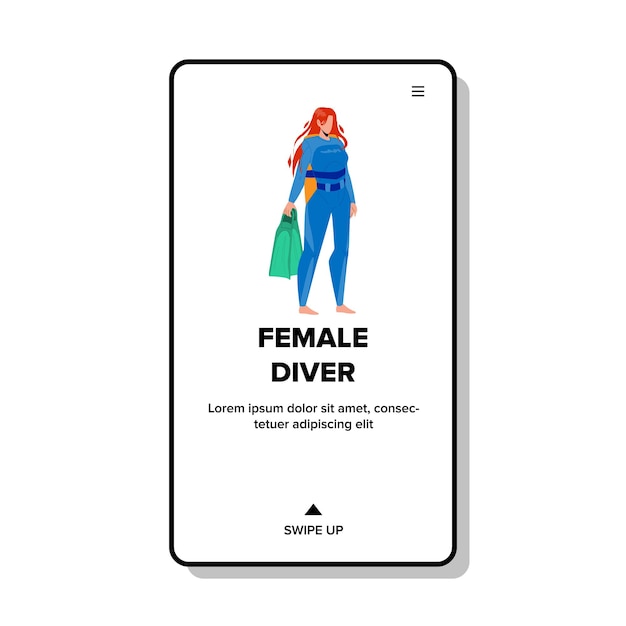 Vrouwelijke duiker met flippers accessoire vector. vrouwelijke duiker die professioneel duikkostuum draagt om onder water te zwemmen, extreme activiteitstijd. karakter vrouw extreem web platte cartoon afbeelding