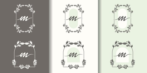 Vrouwelijke eerste letter m met foral frame concept logo sjabloon