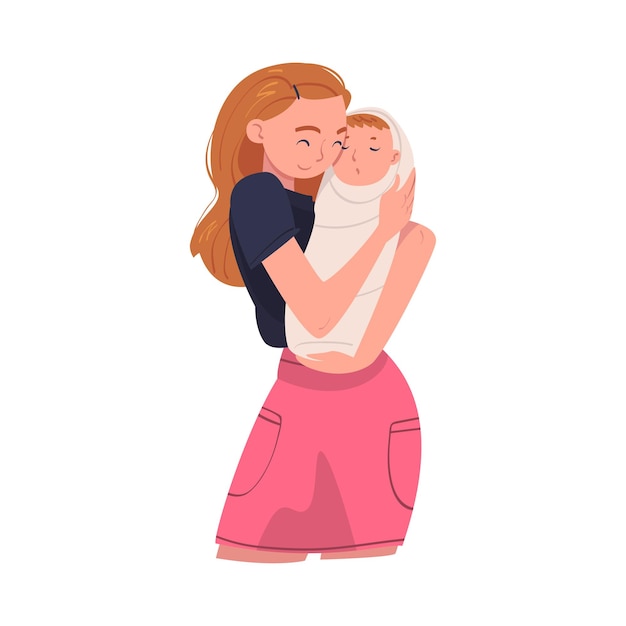 Vrouwelijke figuur die een gewikkelde baby vasthoudt met armen die hem verzorgen Vectorillustratie