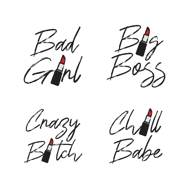 Vrouwelijke grote baas en slecht meisje typografische woordkunst met rode lippenstiftdetail gratis vectorillustraties