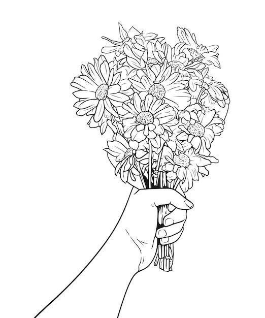 Vrouwelijke hand die een bloemboeket in lijnkunststijl voorstelt