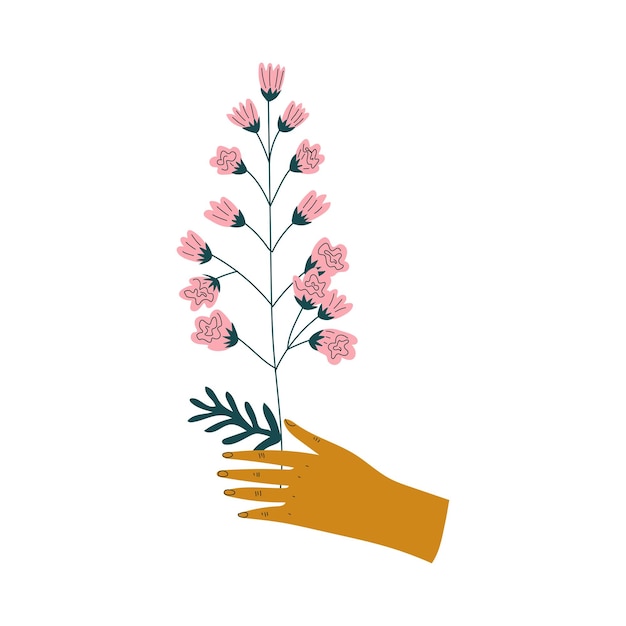 Vector vrouwelijke hand die een prachtige roze bloeiende bloem vasthoudt elegant decoratief bloemenontwerp element vector illustratie