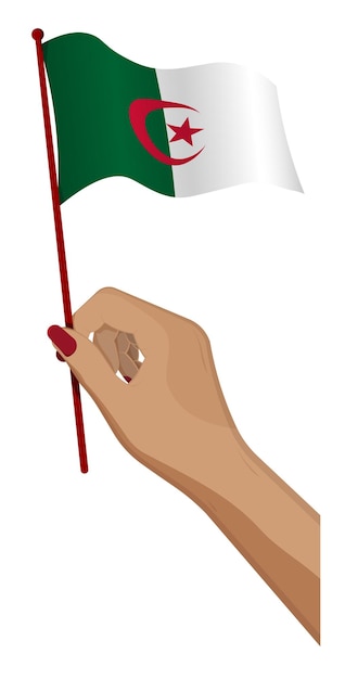 Vrouwelijke hand houdt zachtjes de kleine vlag van Algerije vast. Vakantie ontwerpelement Cartoon vector op witte achtergrond