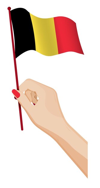 Vrouwelijke hand houdt zachtjes de kleine vlag van België Holiday design element Cartoon vector op witte achtergrond