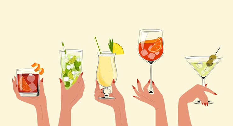 Vector vrouwelijke hand met een glas cocktails pina colada ouderwetse mojito aperol martini
