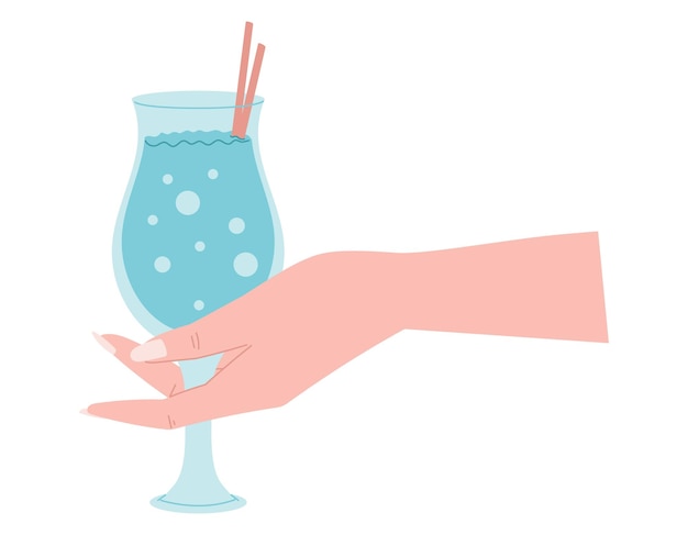Vrouwelijke hand met een glas frisdrank of alcoholische cocktail met een rietje Vector geïsoleerde platte arm illustratie