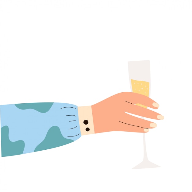 Vrouwelijke hand met glas mousserende wijn. vrouw hans in lichte kleding met memphis patroon met glas. alcohol drinken. concept van champagne liefhebber. zijaanzicht. vlakke afbeelding