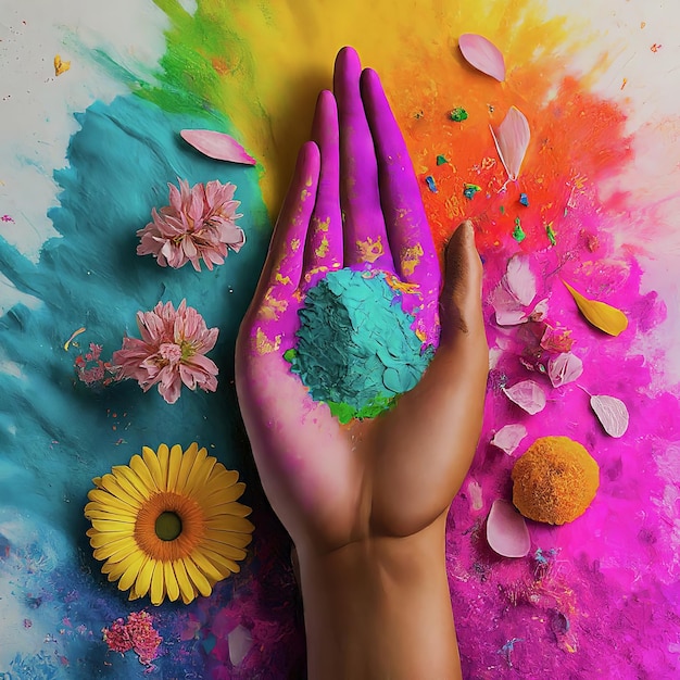 Vector vrouwelijke hand met holi poeder en bloemen op kleurrijke achtergrond vrouwelijke hand met holi poeders en f