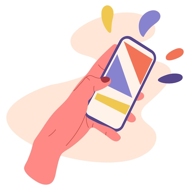 Vrouwelijke hand met smartphone Cartoon hand scrollen mobiele telefoon scherm mobiel apparaat in de hand platte vectorillustratie op witte achtergrond