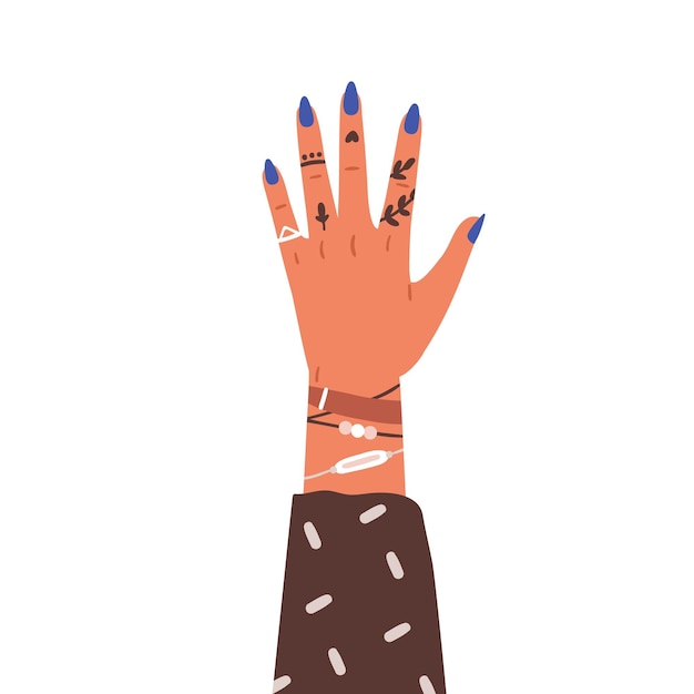 Vrouwelijke hand omhoog, met vingerring, armbanden om de pols. vrouwen arm met manicure, moderne sieraden, accessoires, tatoeage. platte vectorillustratie geïsoleerd op een witte achtergrond
