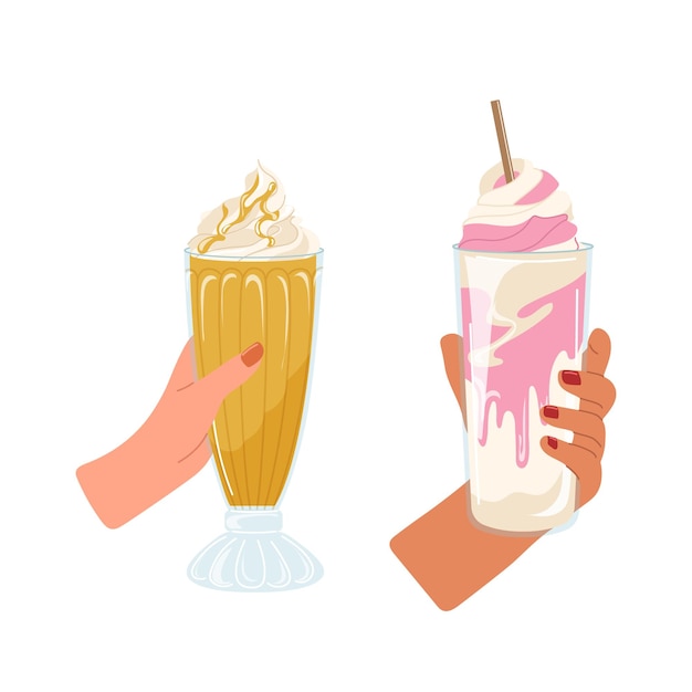 Vrouwelijke handen met koude ijscocktail smakelijke milkshake drank in glas geïsoleerd op wit