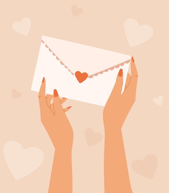 Vrouwelijke handen met manicure houden envelop met een liefdesbrief Vector ansichtkaart of banner voor Valentijnsdag