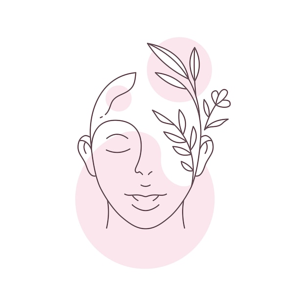 Vector vrouwelijke hoofd met bloemen bladeren tak doorlopende lijn kunst schoonheid logo voor huidverzorging vectorillustratie vrouw bloesem bloemen portret paars pastel kleur vlekken minimale elegante pictogram natuurlijke cosmetica