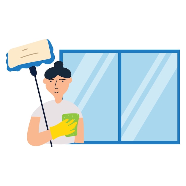 Vrouwelijke huiswerker personage wassen raam Flat ontwerp Hand getekende illustratie op witte achtergrond