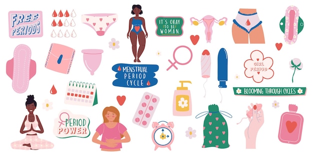 Vrouwelijke hygiëneproducten collectie en belettering Menstruatieperiode vrouw Vrouwelijke karakters