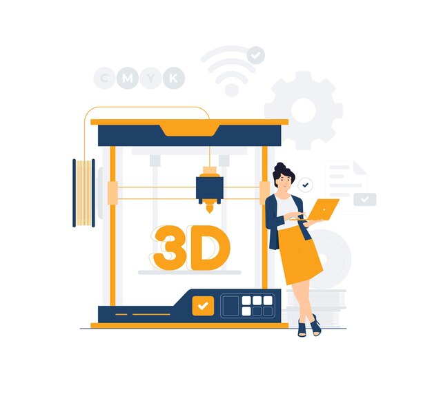 Vrouwelijke ingenieur drukt af op 3D-printer 3D-printtechnologie Prototyping-industrie Professionele apparatuur voor reclamebureau Ontwerper ontwikkelt modellen op computerconcept illustratie