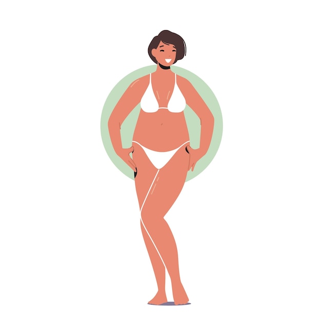 Vrouwelijke karakter Apple figuur Type vrouw met ronde lichaamsvorm met grote buik en billen meisje poseren in witte bikini geïsoleerd op een witte achtergrond Cartoon mensen vectorillustratie