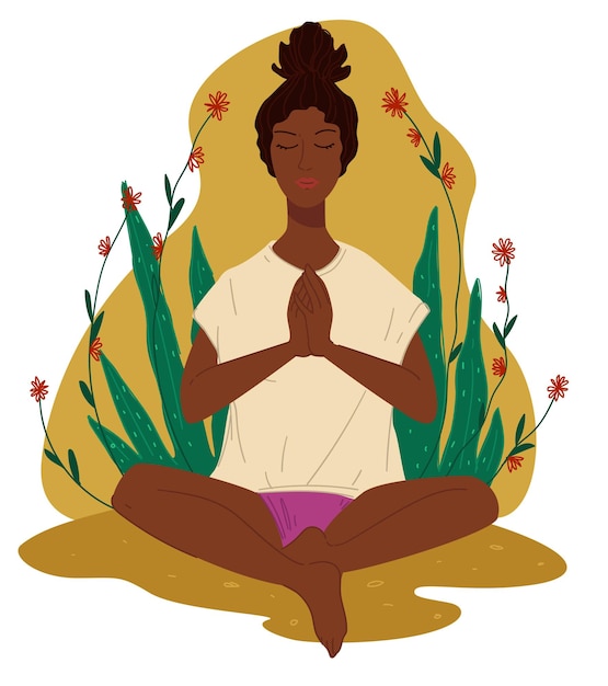 Vrouwelijke karakterdame die yoga doet zittend in asana