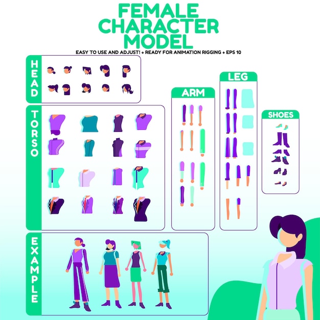 Vrouwelijke karaktermodellen in vector Klaar voor tuigage Animatie cartoon stijl volkeren met verschillende