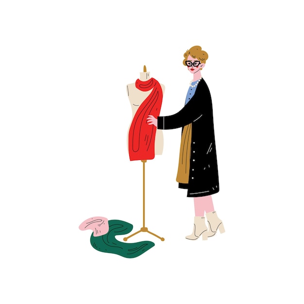 Vector vrouwelijke kleermaker personage naaien jurk op kleermakers dummy vector illustratie op witte achtergrond