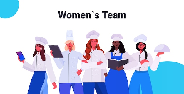 Vrouwelijke koks in uniform staan samen mooie vrouwen chef-koks koken voedingsindustrie concept professioneel restaurant keuken werknemers portret horizontale vector illustratie