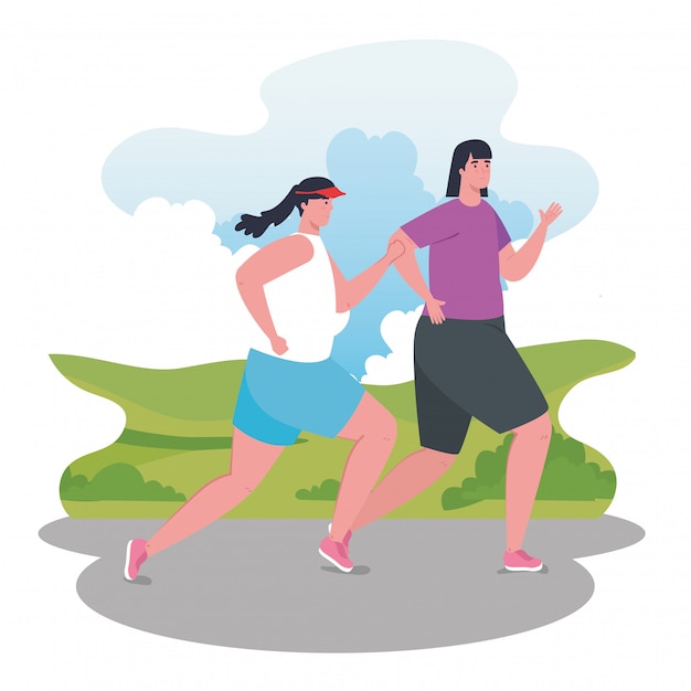 Vrouwelijke marathonlopers met sportieve, jonge vrouwelijke renwedstrijd of marathonraceposter, gezonde levensstijl en sport