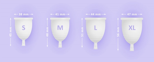 Vrouwelijke menstruatiecup set. Verschillende maten cups S, M, L, XL. Dames menstruatiezorg.