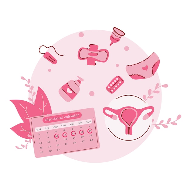 Vector vrouwelijke menstruatiecyclus platte pictogrammenset meisje perioden kalender pads baarmoeder en tampons vector illustratie collectie platte vectorillustratie