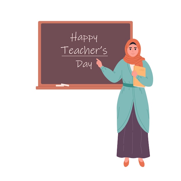 Vrouwelijke moslimleraar in de klas in de buurt van Blackboard Onderwijslezing en les op school