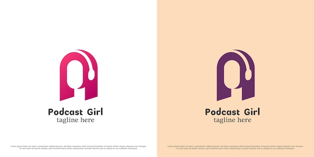 Vector vrouwelijke muziek logo ontwerp illustratie silhouet schaduw van vrouw luisteren naar muziek podcast bas