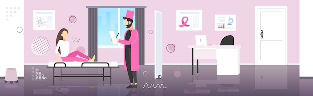 Vrouwelijke patiënt met overleg met arts in roze jas borstkanker dag ziektebewustzijn en preventie