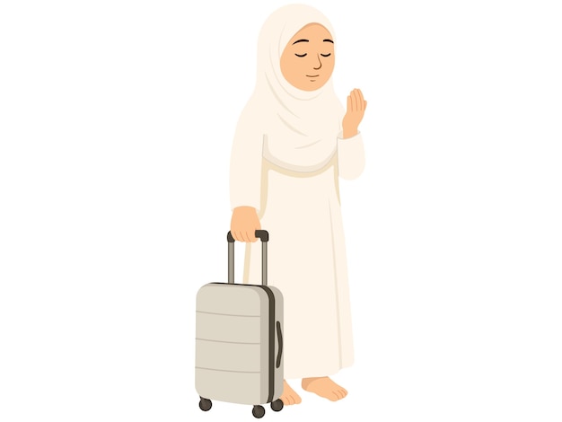 Vrouwelijke pelgrim in witte kleding met koffer die bidt voor de Hajj