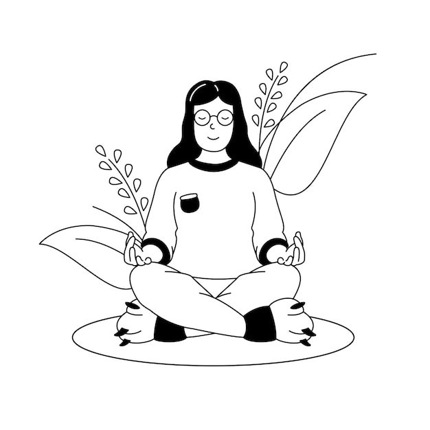 Vrouwelijke personage doet yoga meditatie op lotus pose met planten op de achtergrond Meditatie vermindert