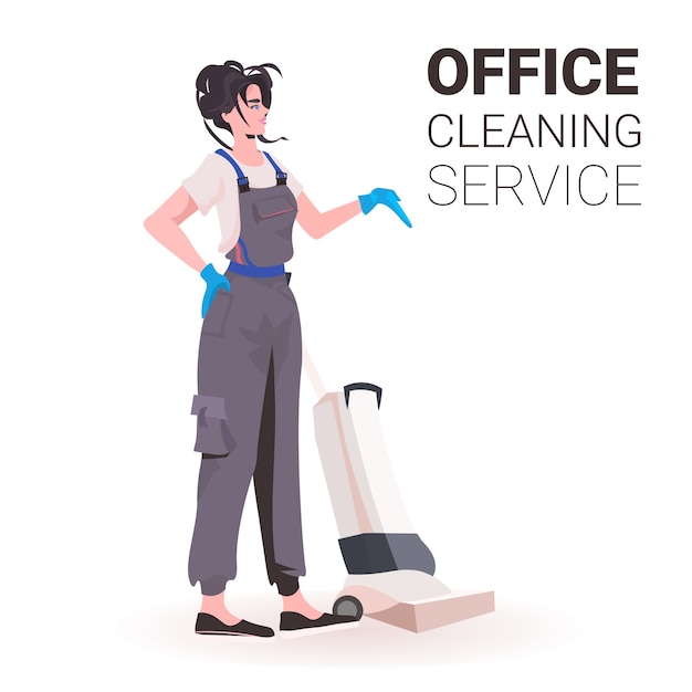vrouwelijke professionele kantoor schonere vrouw conciërge in uniform met reinigingsapparatuur kopie ruimte
