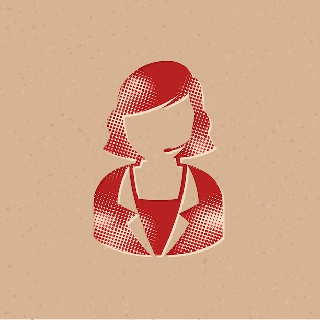 Vector vrouwelijke receptioniste halftone stijlicoon met grunge achtergrond vectorillustratie