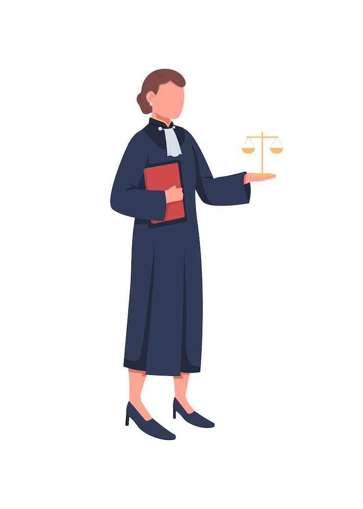 Vector vrouwelijke rechter egale kleur gezichtsloos karakter. wet, gerechtigheid. hoge raad. vrouw met schalen. juridisch tribunaal. gerechtsgebouw proces geïsoleerde cartoon afbeelding voor web grafisch ontwerp en animatie