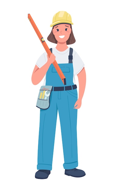 Vector vrouwelijke reparatie werknemer semi egale kleur vector teken staande figuur full body persoon op wit gendergelijkheid op de werkplek eenvoudige cartoon stijl illustratie voor web grafisch ontwerp en animatie