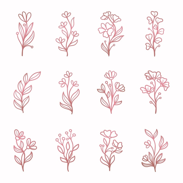 Vrouwelijke roze bloemen element ornament set sjabloon gouden vector