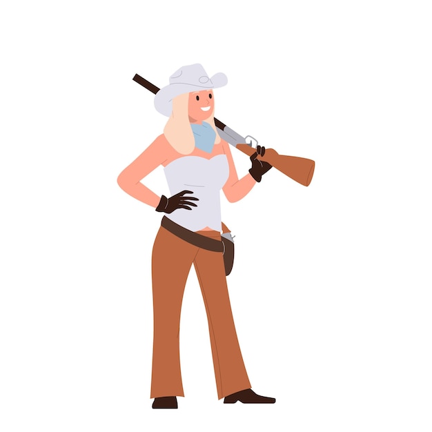 Vector vrouwelijke schutter jonge cowgirl cartoon personage in ouderwetse kleding met geweer wapen op de schouder geïsoleerd op wit wild west avontuur country cultuur vector illustratie