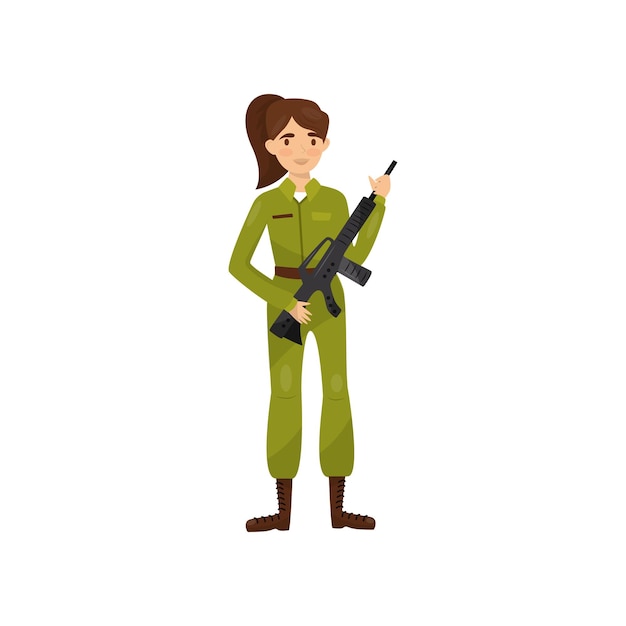 Vrouwelijke soldaat in groene camouflage uniform vector illustratie op een witte background